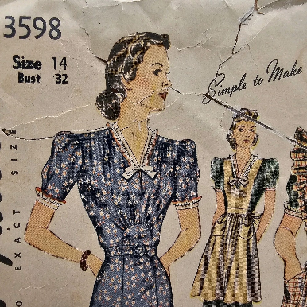 1940s Vintage 32" Bust Simplicity 3598 Sunburst Dress Apron WW2 Sewing Pattern - Picture 4 of 6